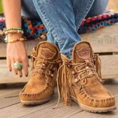 Indiaanse mocassins met veters en franjes, Bruin