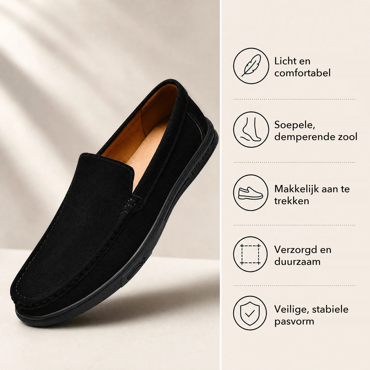 Instap loafer heren met soepele profielzool in camel, achterkant