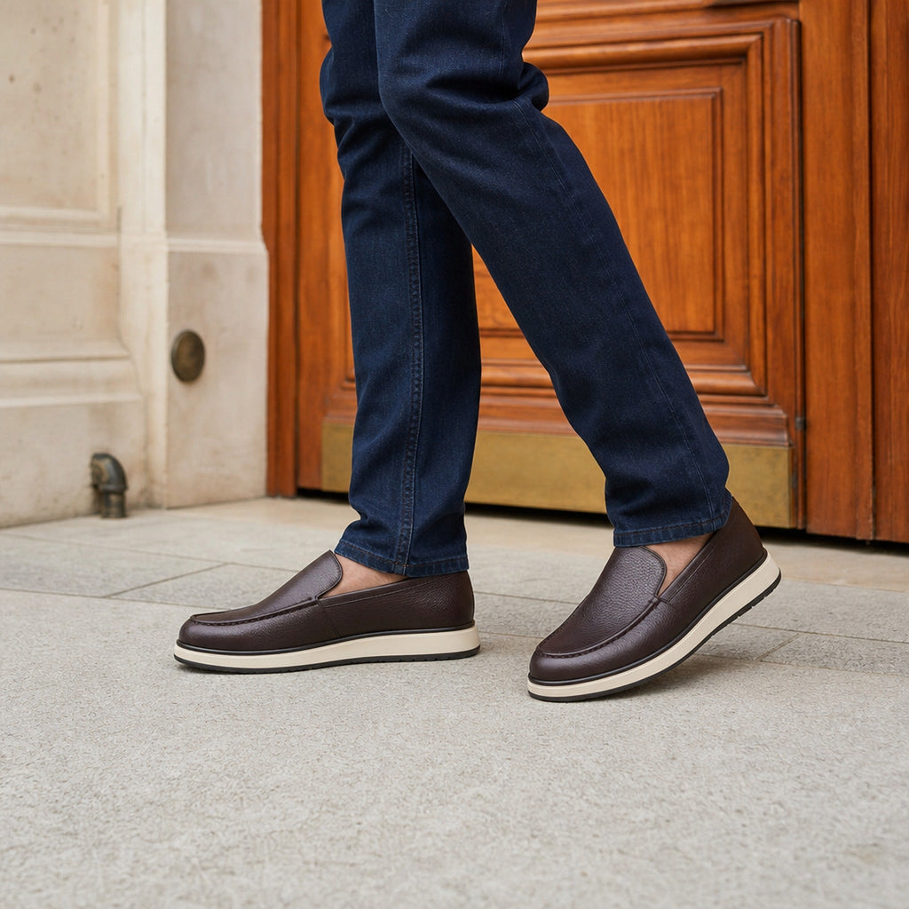 Instap mocassins voor heren in imitatieleer, donkere kleuren, paar van opzij