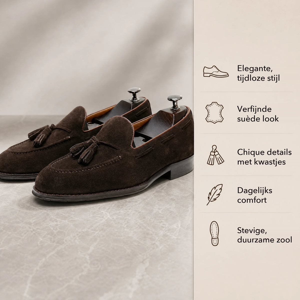 Kwastloafer heren bruin suède in donkerbruin, gedragen look