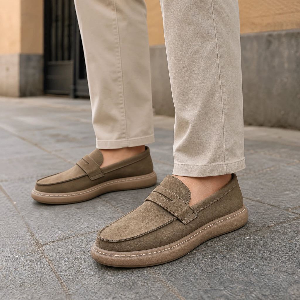 Bruine heren mocassin met lus en dikke zool, zijaanzicht
