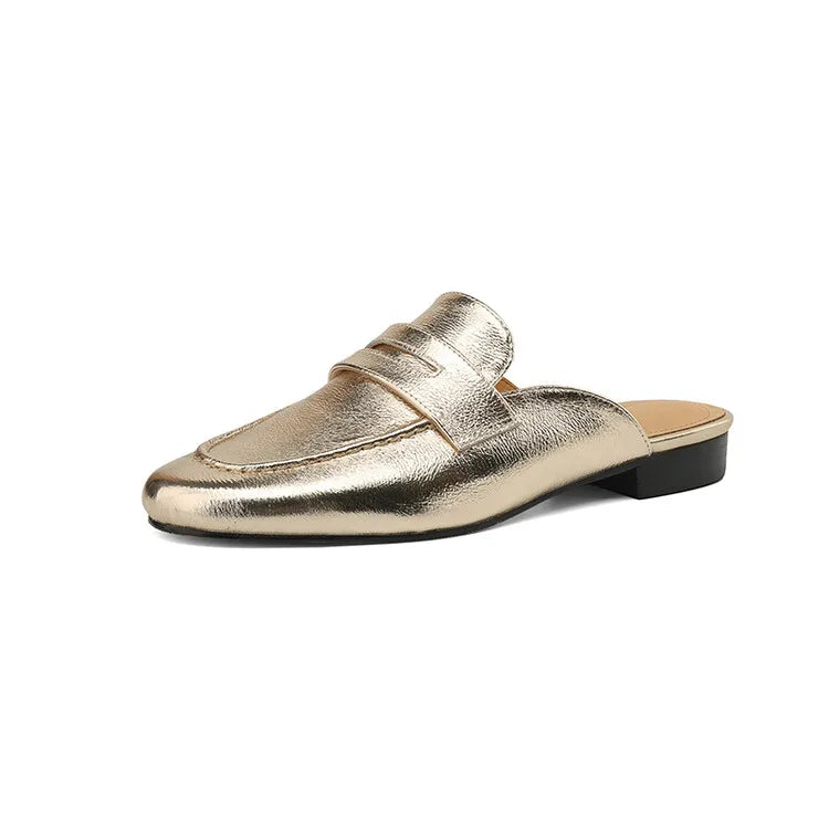 Leren penny loafer-muil voor dames met lage hak in zilver, het paar