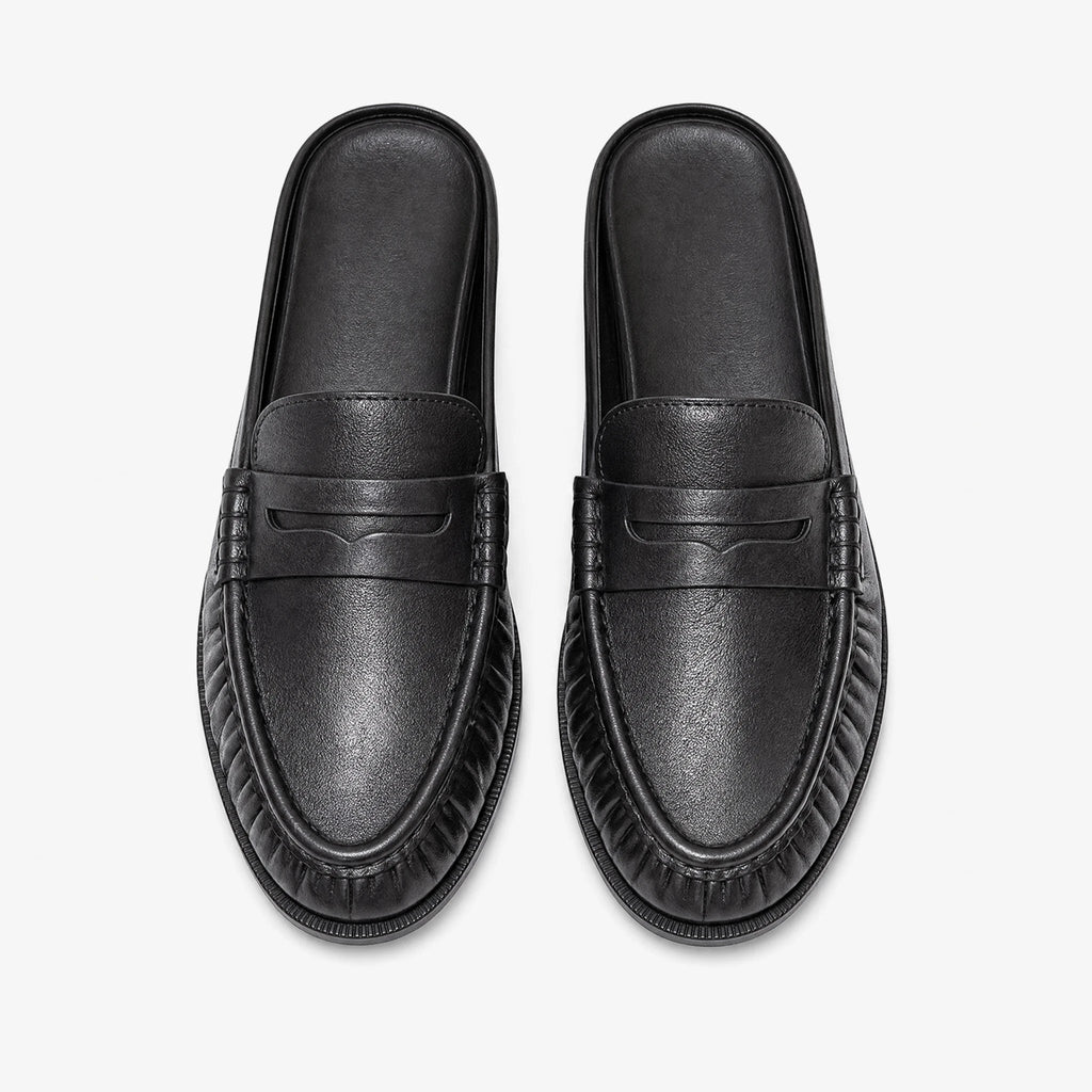 Loafer-mule dames leer platte hak in zwart glad, zijaanzicht