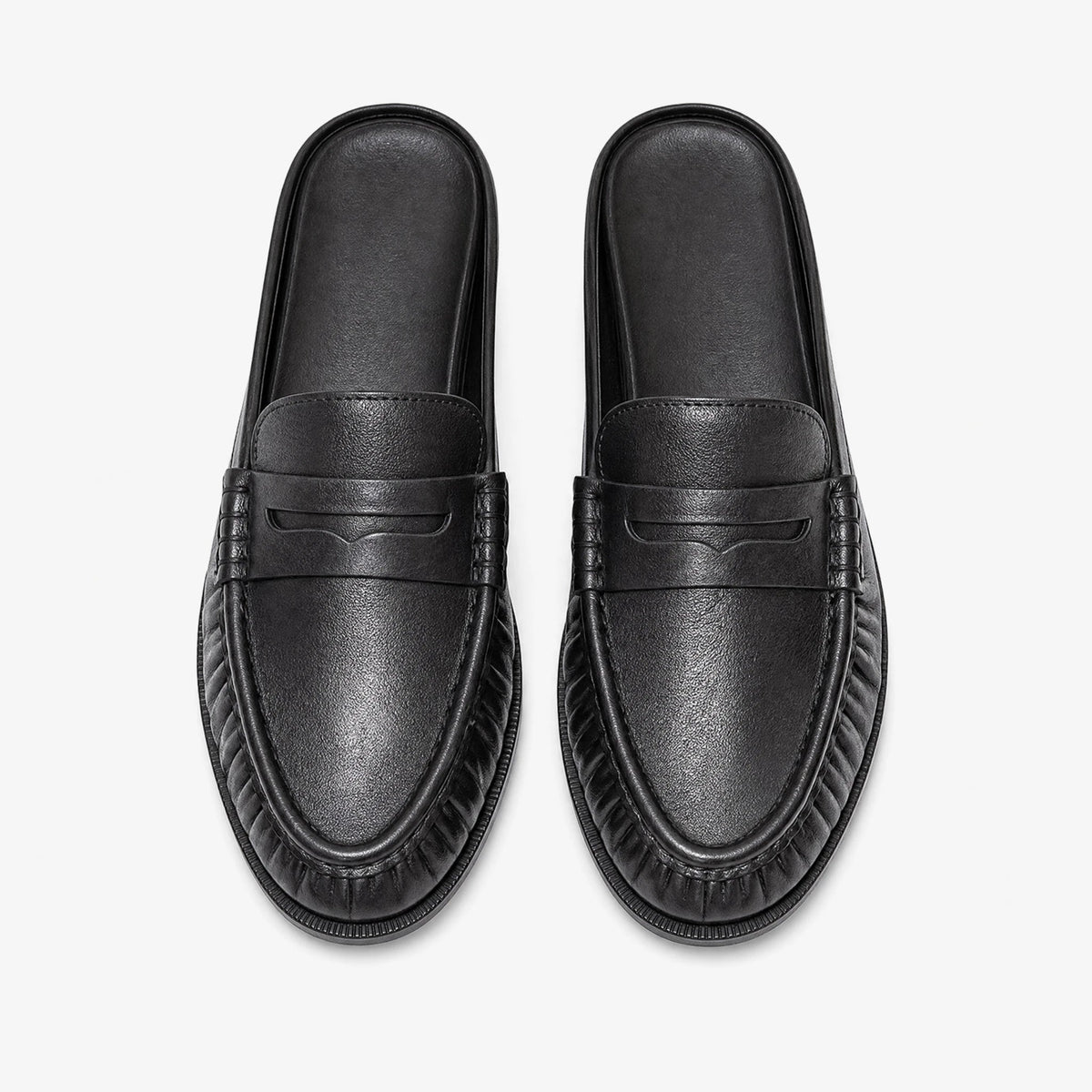 Loafer-mule dames leer platte hak in zwart glad, zijaanzicht Afbeelding