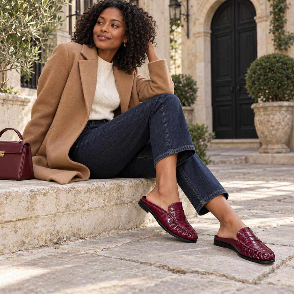 Loafer-mule dames leer platte hak in zwart glad, gedragen look