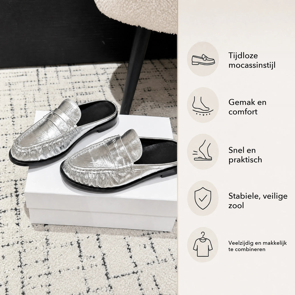 Loafer-mule dames leer platte hak in zilver, achterkant