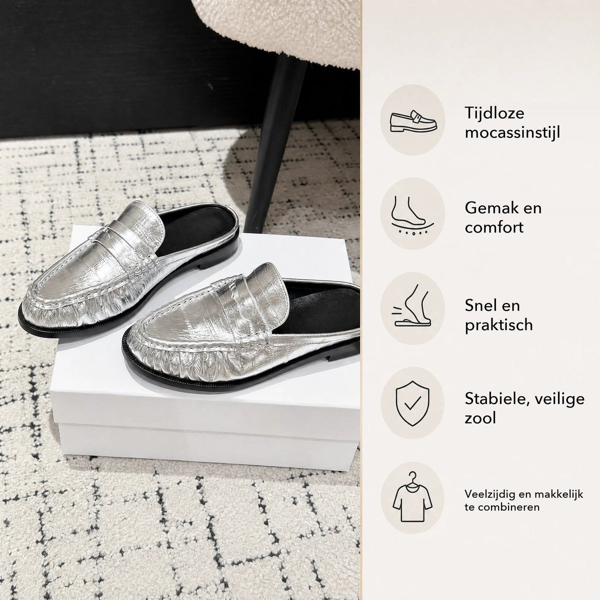 Loafer-mule dames leer platte hak in zilver, achterkant Afbeelding