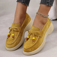 Plateau loafers dames met strik en meerkleurige parels, Geel