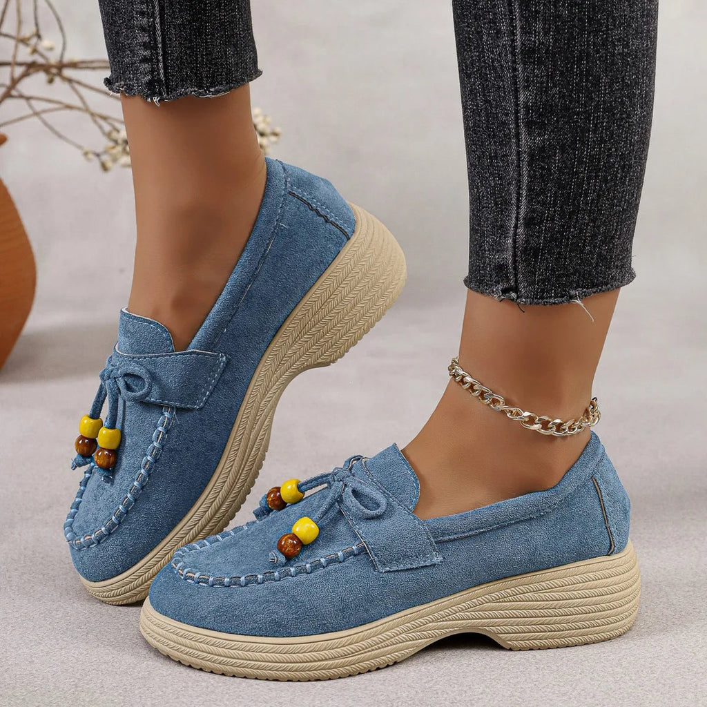 Plateau loafer dames met strik en meerkleurige parels in geel