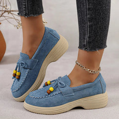 Plateau loafers dames met strik en meerkleurige parels, Blauw