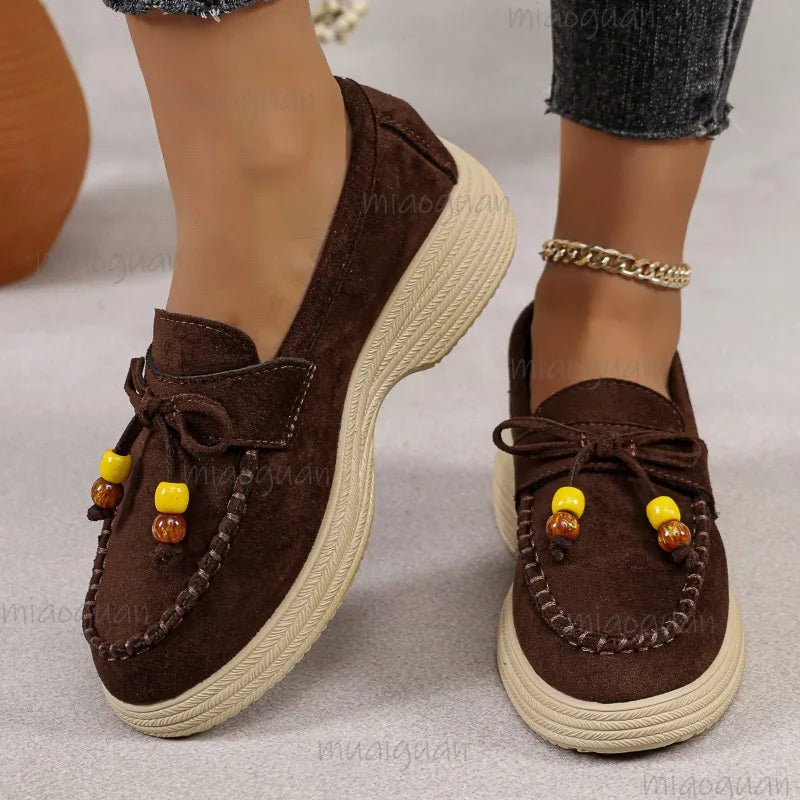 Plateau loafer dames met parelstrik in zwart