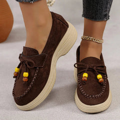 Plateau loafers dames met parelstrik en dikke zool, Bruin