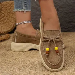 Plateau loafers dames met parelstrik en dikke zool, Taupe