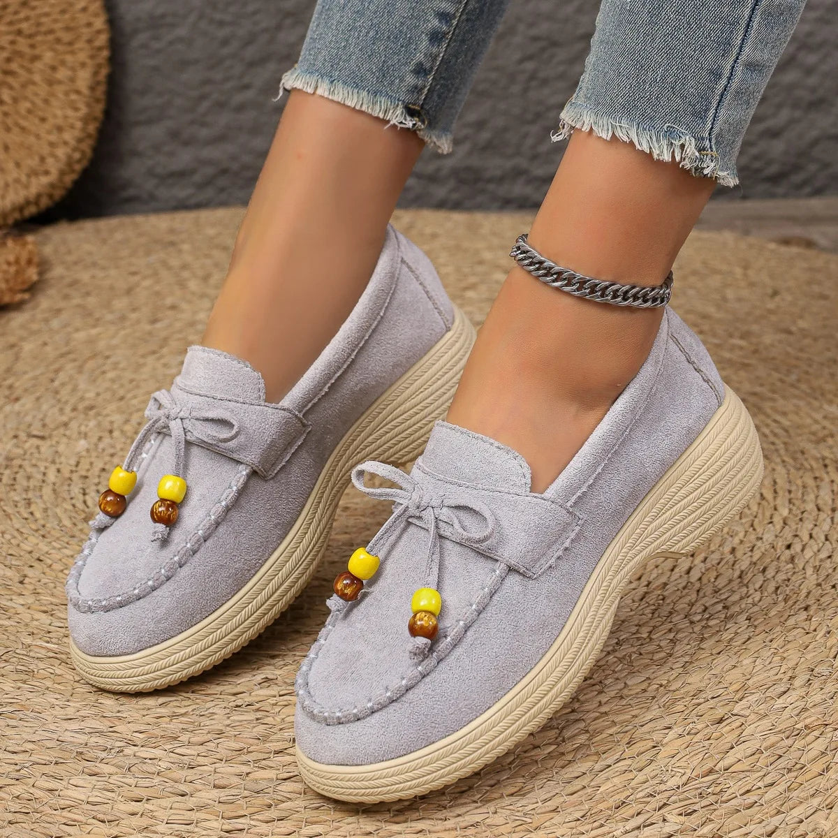 Plateau loafer dames met parelstrik, zijaanzicht