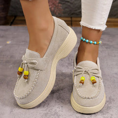Plateau loafers dames met parelstrik en dikke zool, Beige
