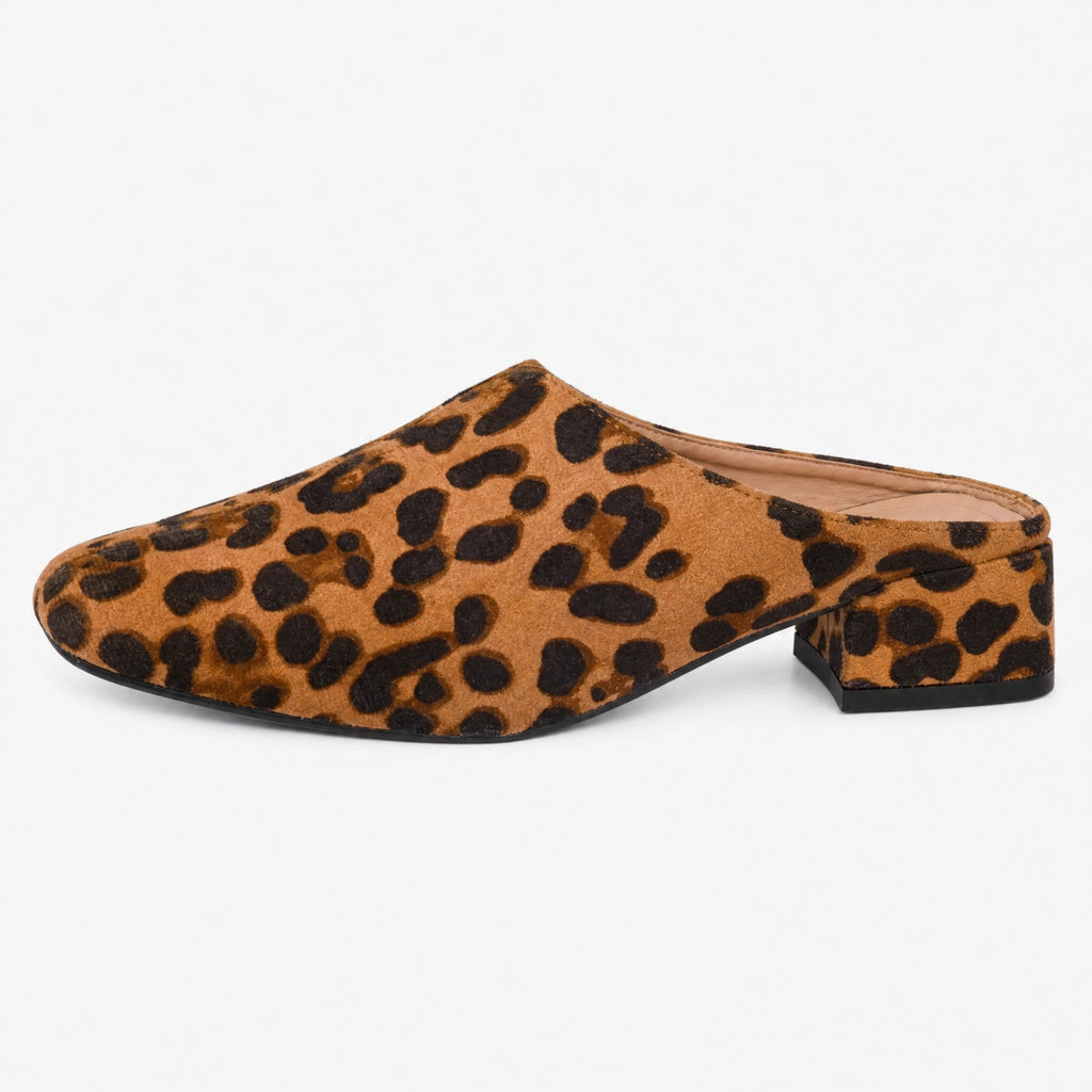 Luipaard loafer muiltje dames met blokhak, voorkant
