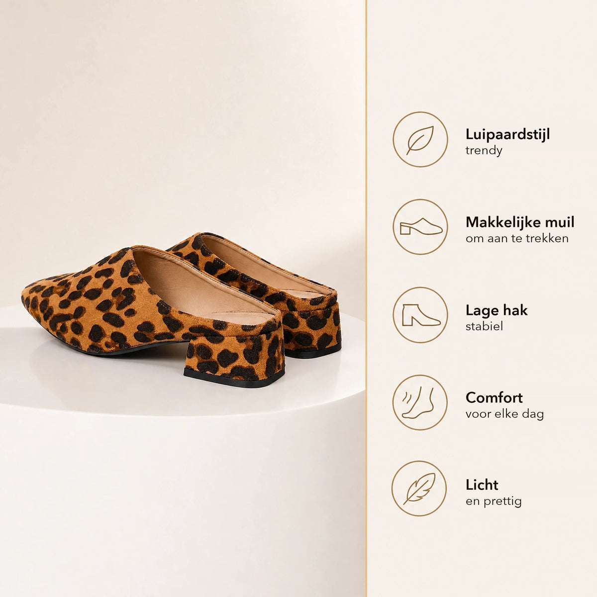 Luipaard loafer muiltje dames met blokhak, achterkant
