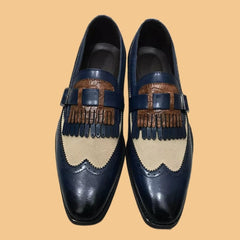 Tweekleurige loafers met franjes en gesp, Blauw