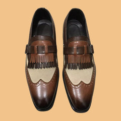 Tweekleurige loafers met franjes en gesp, Bruin