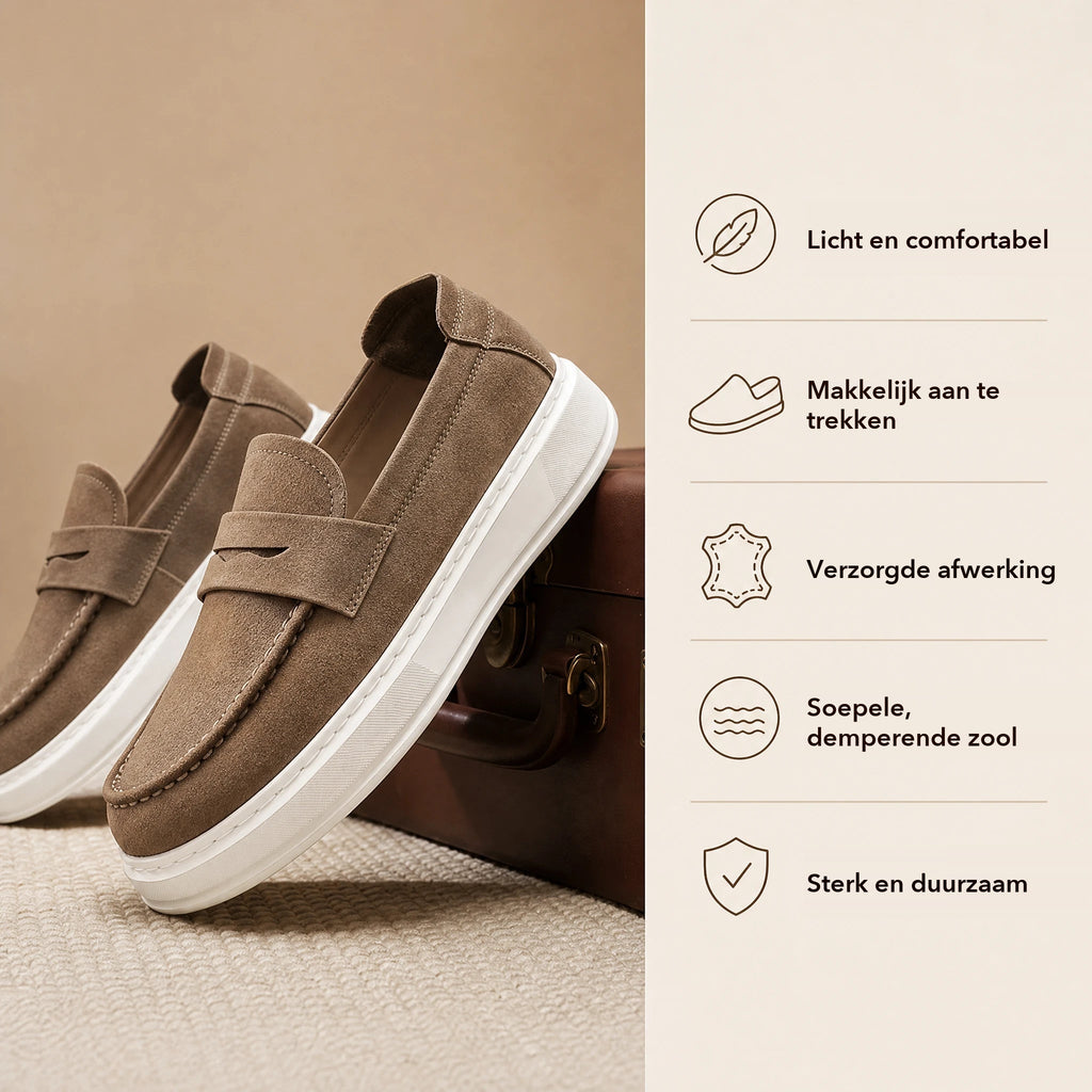 Taupe mocassin met bandje, bovenaanzicht