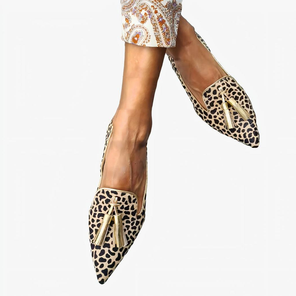 Dames loafers luipaardprint met kwastjes
