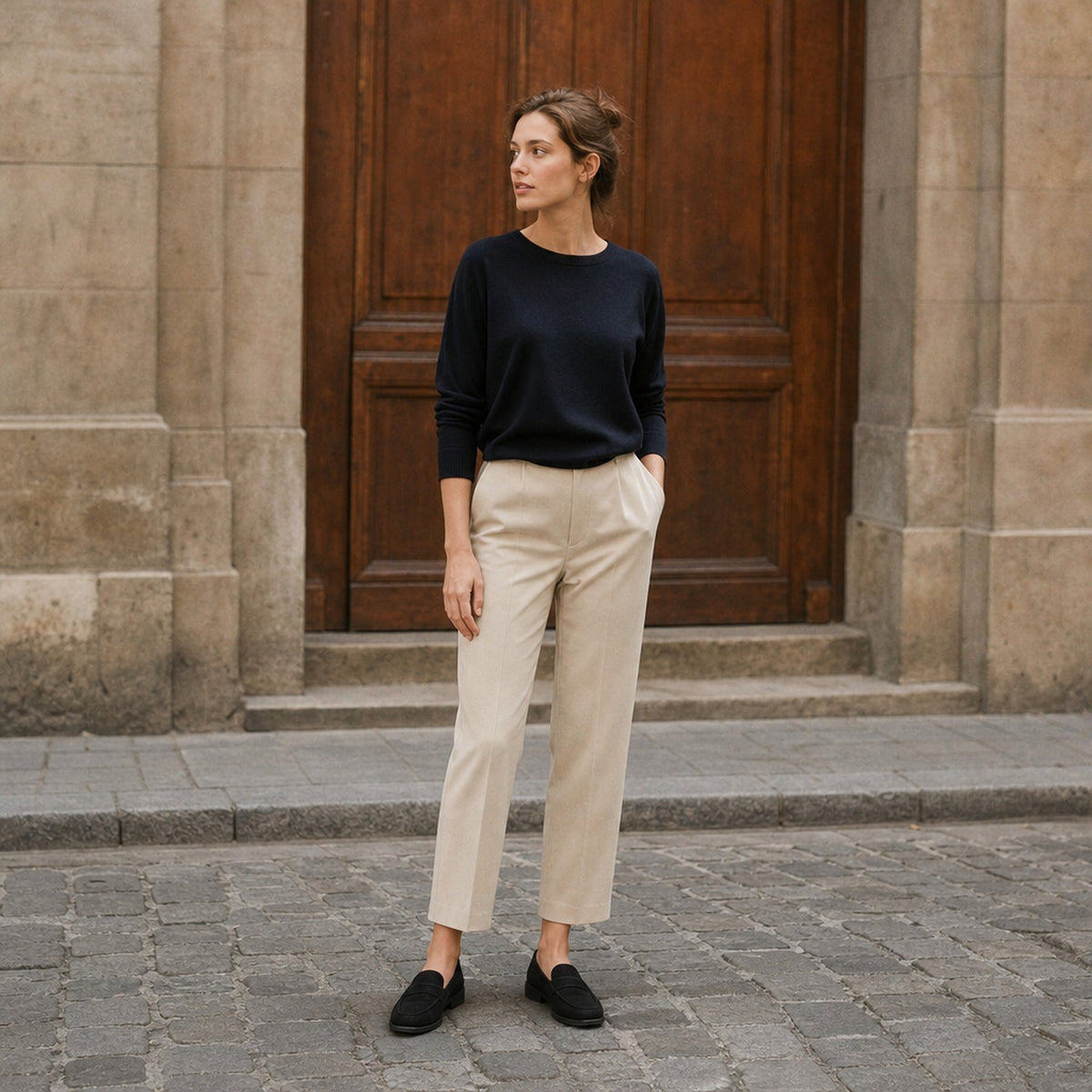 Penny loafer-mule dames suèdelook in camel, achterkant Afbeelding