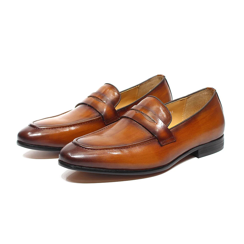Penny loafer heren handgepatineerd leer in cognac, voorkant