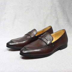 Penny loafer heren van handgepatineerd leer, Donkerbruin