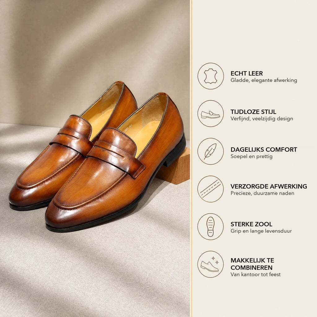 Penny loafer heren handgepatineerd leer in cognac, zool
