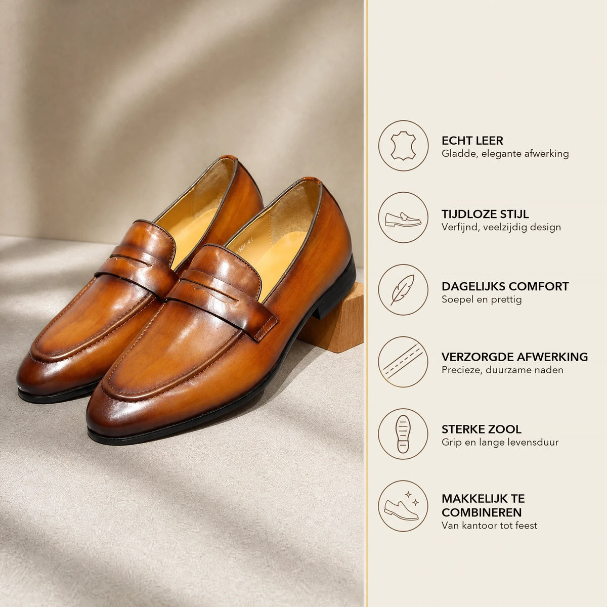 Penny loafer heren handgepatineerd leer in cognac, zool Afbeelding