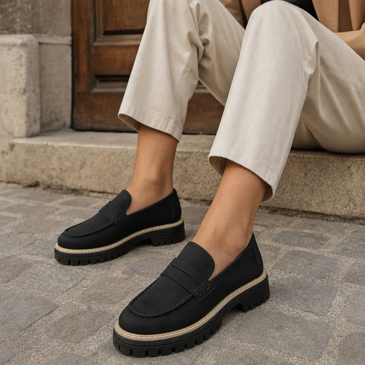 Plateau mocassins voor dames met profielzool, detail van de afwerking