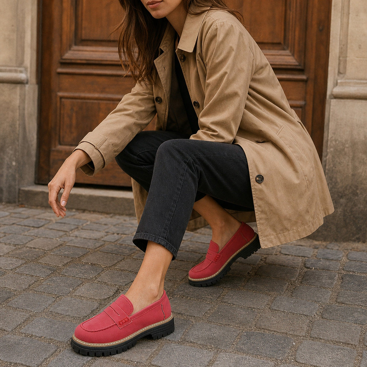 Plateau mocassins voor dames met profielzool in pastelkleuren, detail van de afwerking