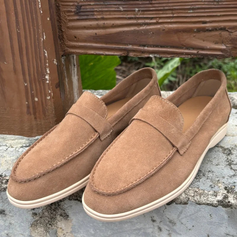Soepele suède herenloafers in taupe met lichte zool - camel, foto 9