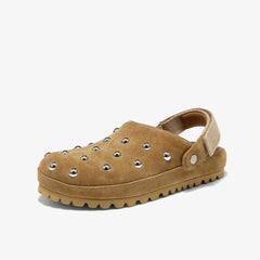 Suède damesclogs met studs en profielzool, Camel