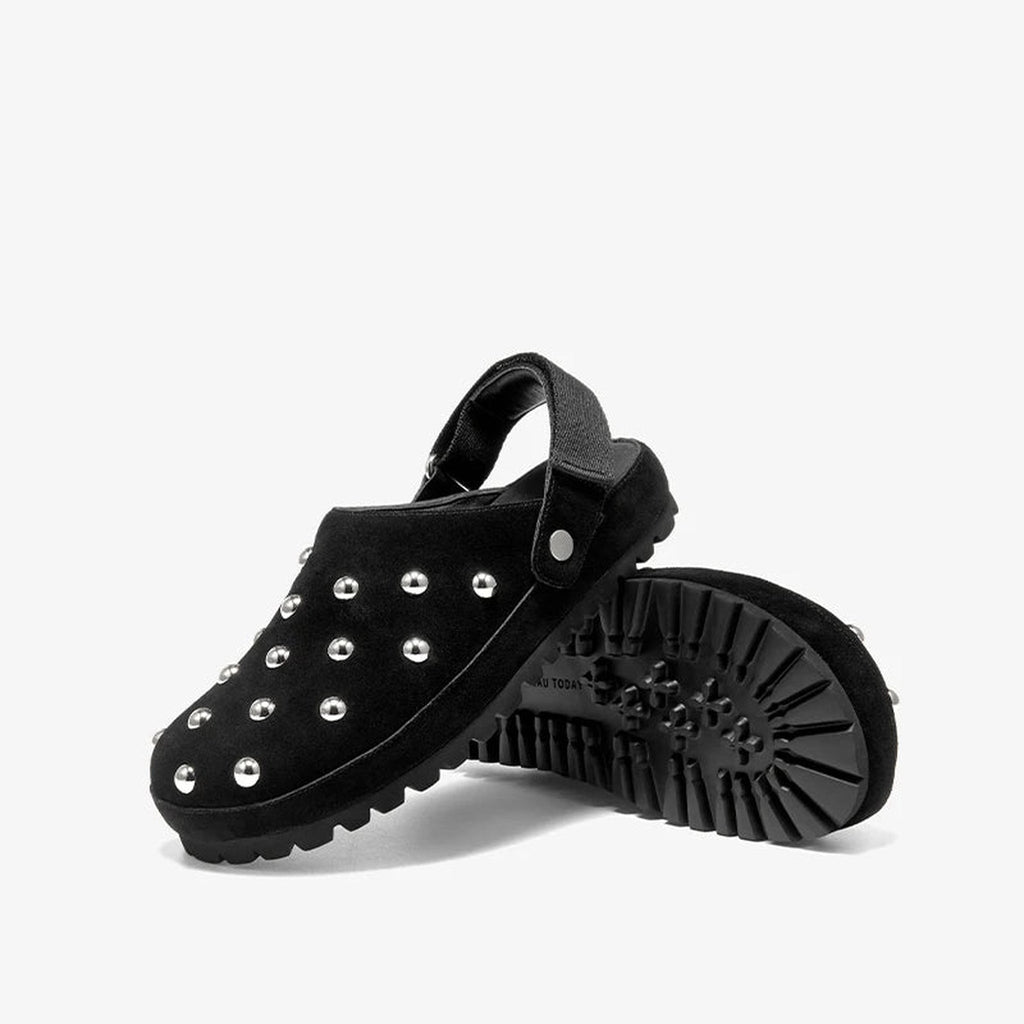 Suède damesclogs met studs in zwart, zool