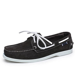 Suède heren bootschoenen met witte veters, Donkerbruin