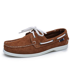Suède heren bootschoenen met witte veters, Cognac