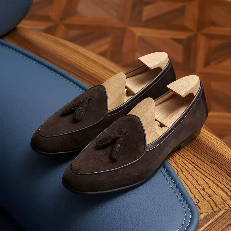 Suède heren loafers met kwastjes en slanke puntneus - camel, foto 12