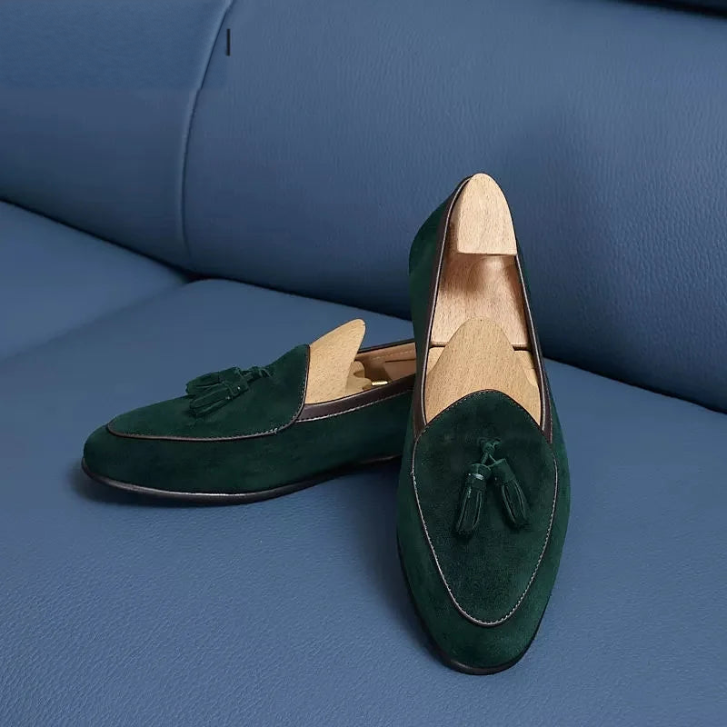 Suède heren loafers met kwastjes en slanke puntneus - camel, foto 2