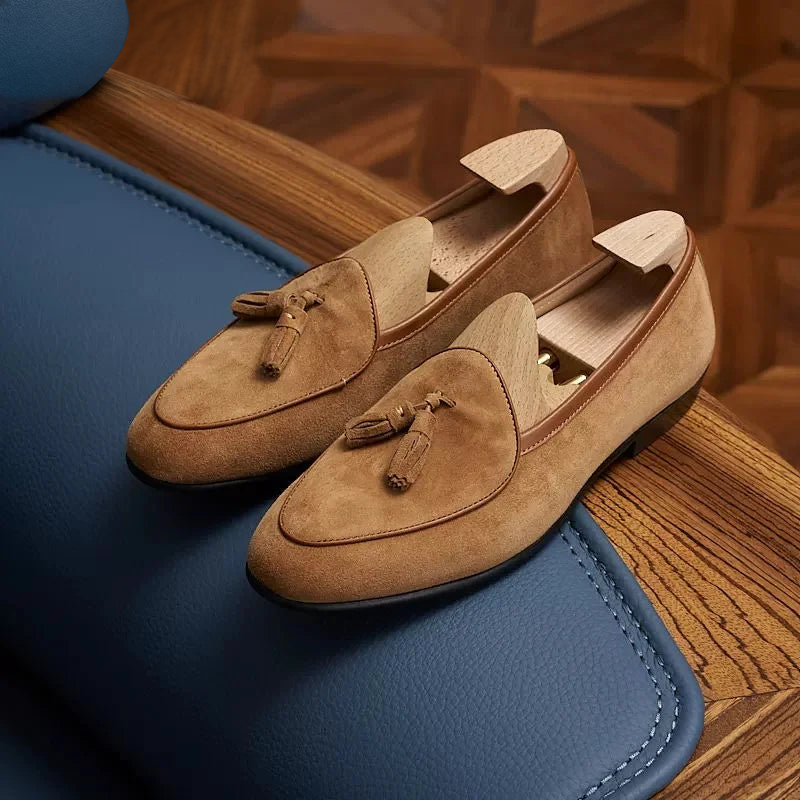Suède heren loafers met kwastjes en slanke puntneus - donkergroen, foto 4