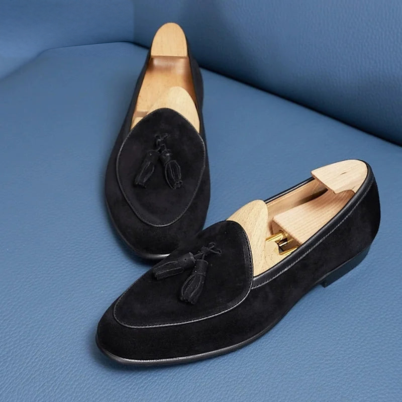 Suède heren loafers met kwastjes en slanke puntneus - camel, foto 7