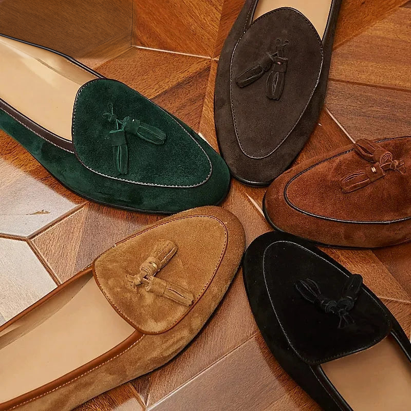 Suède heren loafers met kwastjes en slanke puntneus - cognac, foto 8