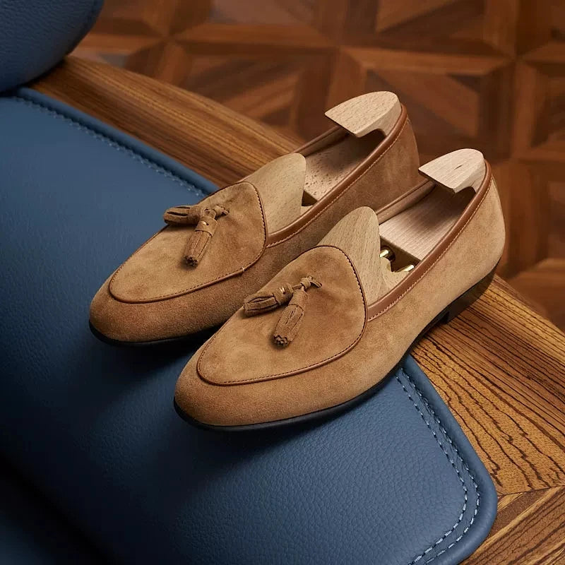 Suède heren loafers met kwastjes en slanke puntneus - donkergroen, foto 9