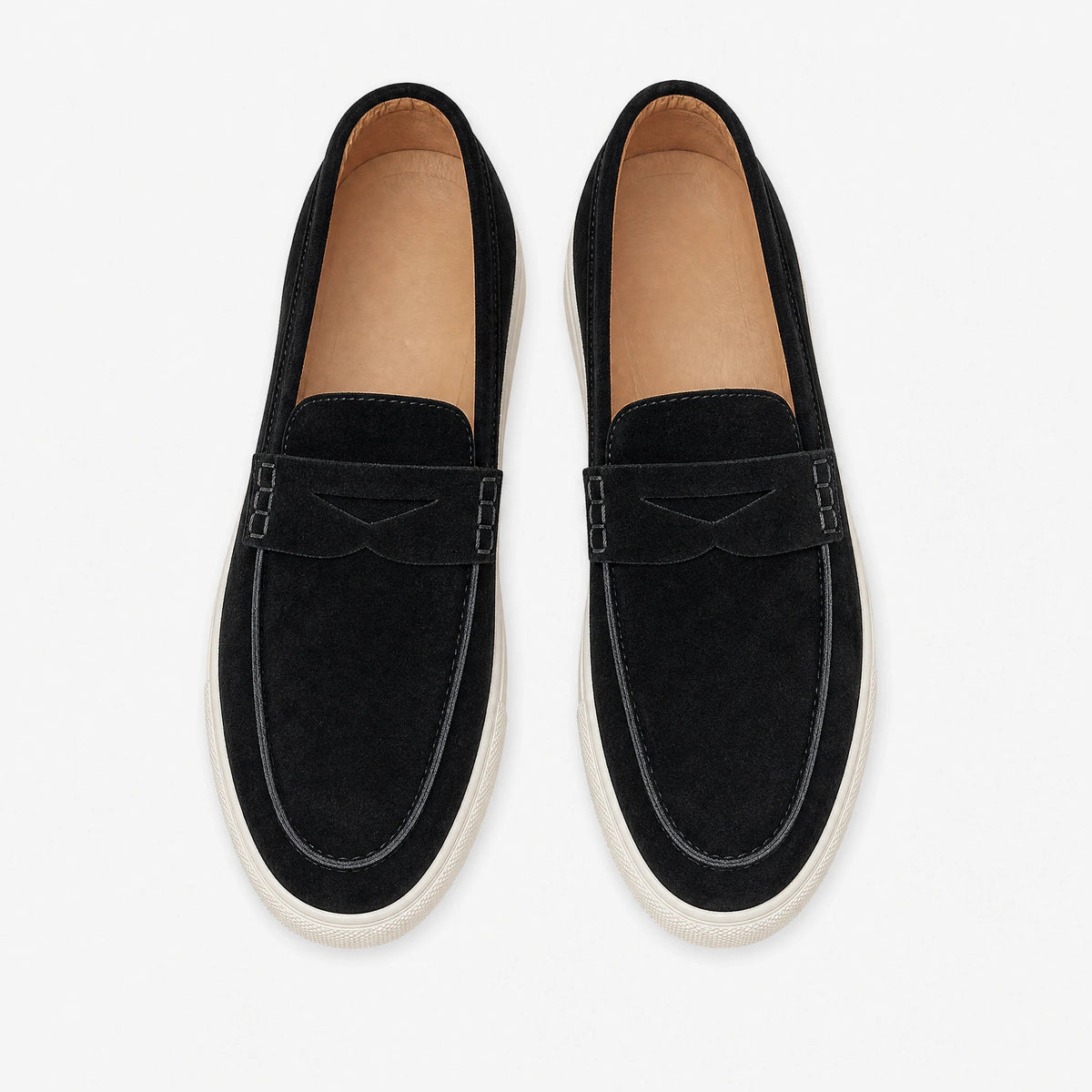 Suède heren mocassin met bandje en witte zool, zwart, zijaanzicht