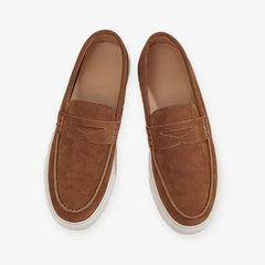 Suède heren mocassins met bandje en witte zool, Bruin