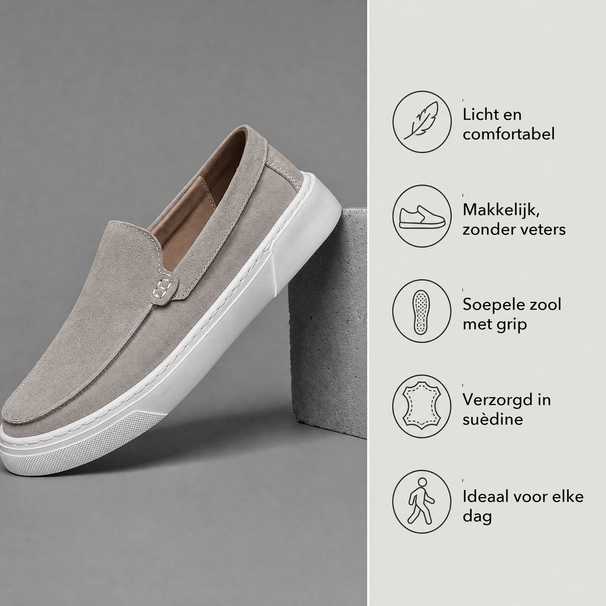 Taupe suède mocassin, bovenaanzicht Afbeelding