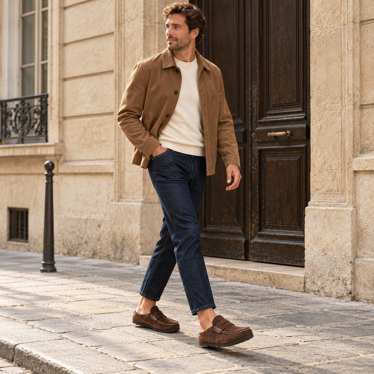 Suède loafer-clog om aan te schuiven in camel, bovenaanzicht