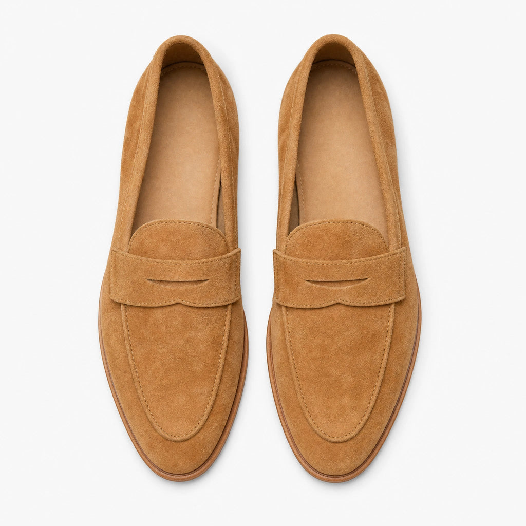 Suède loafer heren penny-stiksel in cognac, zijaanzicht