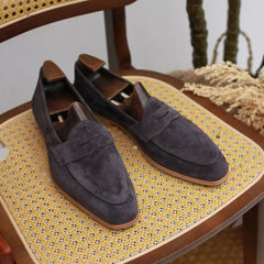 Suède loafer heren met penny-stiksel, Donkergrijs