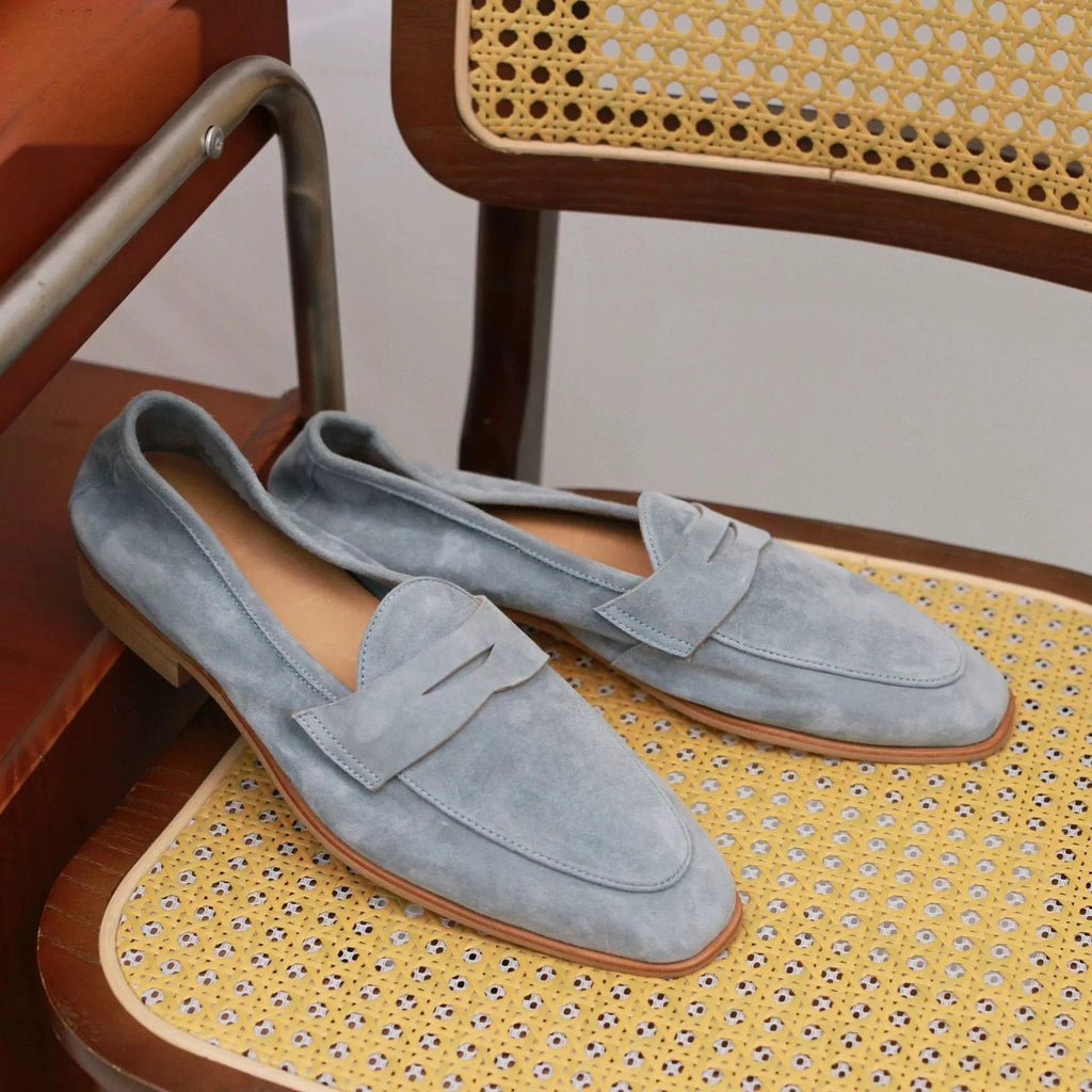 Suède loafer heren penny-stiksel in camel, voorkant